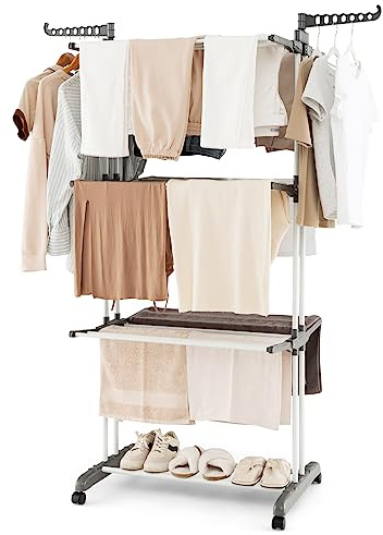 GOPLUS Étendoir à Linge 4 Niveaux, Support Pliable pour Vêtements avec 3 Plateaux Rétractables, 2 Ailes, 1 Étagère à Chaussures Inférieure, Étendage à Linge Mobile avec 4 Roues