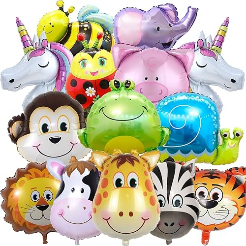 14x Tier Luftballons Folienballons als Deko für Kindergeburtstag und Zoo Party | Set plus Ballonband und Aufblashilfe | Helium Ballongas, Edition: 14 Tier Folienballons