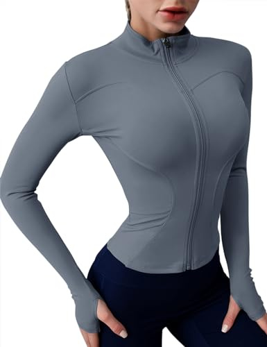 Rapbin - Giacca da donna con maniche lunghe, giacca sportiva, top da palestra, yoga, fitness, giacca sportiva traspirante, con cerniera, leggera, giacca da allenamento con foro per il pollice, grigio