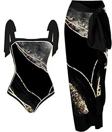 Swimming Costume Women Two Piece Swimsuit Beach Swimwear Matching Chiffon Long Skirts V Neck Padded Swimwear Tankinis with Sarong Beach Cover Up 2 Piece Bathing Suit Bikini Beachwear Set Swimdress