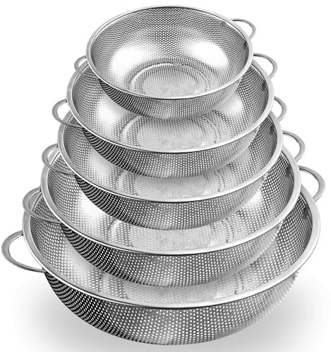Set 5 Scolapasta Acciaio Inox, Setacci Cucina per Scolatura Rapida, Colapasta Cucina Microforati, Acciaio Inox con Manici, Scolapasta per Pasta, Frutta, Riso, Verdura