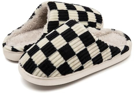 Guyarns Memory Foam Slippers for Women and Men - Fuzzy Checkered Anti-Skid Sole for Bedroom, Indoor/Outdoor Use (Black, 5.5/6.5 UK)