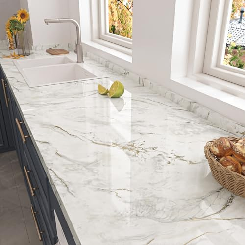 HotDecor Carta Adesiva Effetto Marmo Per Mobili Armadio Carta Da Parati Bianco Oro Lavabile Per Pareti Pellicola Adesiva Per Piano Di Lavoro Da Cucina Pvc Rotolo Decorazione Da Parete 60cm x 300cm