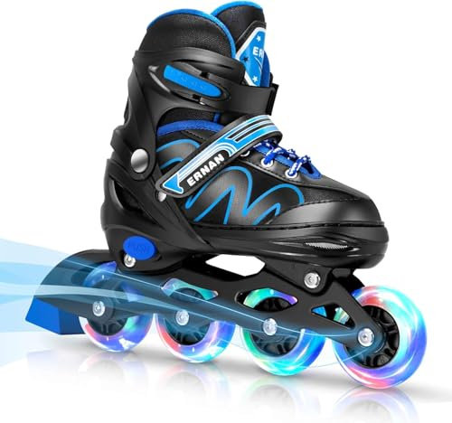 ERNAN Inline-skridskor, justerbara upplysta inline-skridskor, för pojkar och flickor, rullskridskor för barn ungdomar, nybörjare (blå, M)