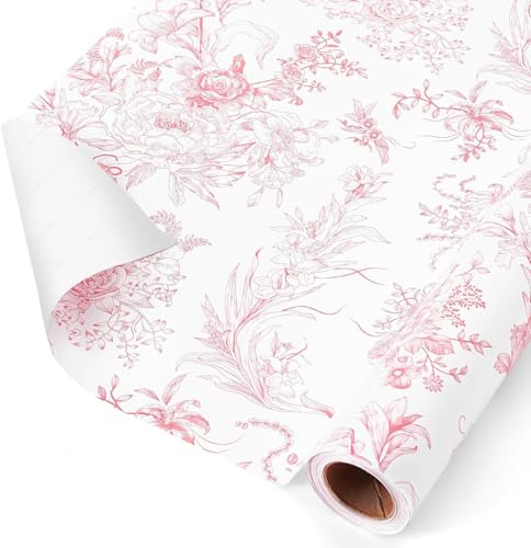 WERNNSAI Rouleau de Papier Cadeau Floral - 1 Rouleau Papier Cadeau Floral Rose Vintage avec Lignes Découpées pour Femmes Filles Décoration de Cadeau d'Anniversaire Mariage Fête des Mères 43cm x 10m