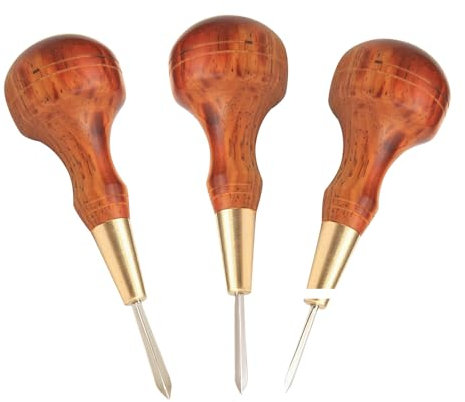 3 Pcs Handwork Sewing Awl, Wooden Awl Tailors Straight Head Leather Punch Hole Tool for Leather Stitching Repair and DIY Handmade Crafts