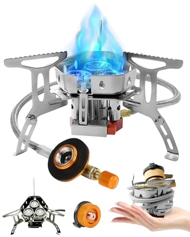 Portable Camping Gas Stove Burner, Windproof 6800W Camping Stove with Piezo Ignition, Complete with Adapters and Converters for BBQs, Cooking, Fishing, Hiking, and Picnics