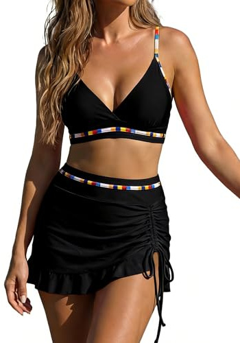 OUSIMEN Bikiniset för kvinnor badkläder med hög midja V-ringad, tvådelad baddräkt med färgblock, dragsko, tankini