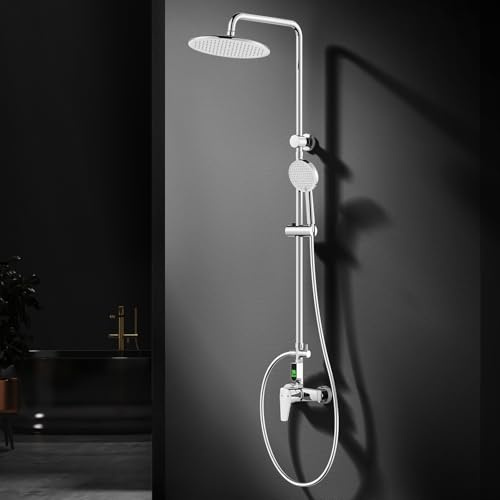 Homelody Duschsystem med armatur krom – regndusch med armatur LED-temperaturdisplay, 25 cm rund regndusch, 3 stråltyper duschhuvud, duscharmatur komplett set, duschset