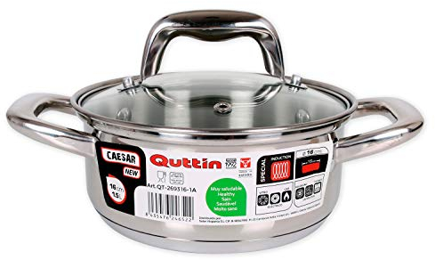 Quttin New Caesar - Cacerola Profesional Induccion, Cocina y Horno, Cazuela Pequeña, Acero Inoxidable Antiadherente, Tapa Cristal y Asas, 16 cm/1,5 L