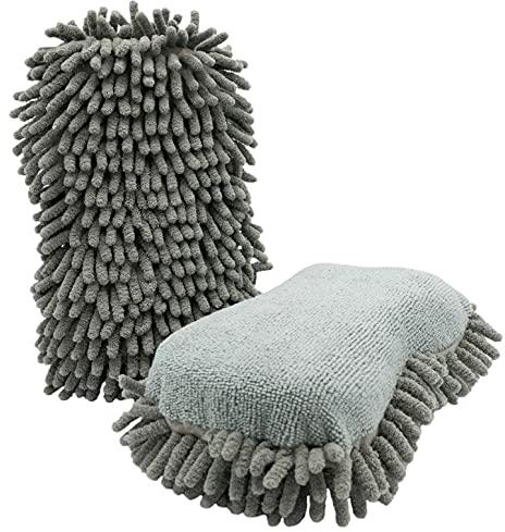 D&W The Motion Corporation DuW Premium 2in1 Chenille Microfaserschwamm | Chenille Microfaser | grau 28x13x6 cm | Schwamm für die schonende Handwäsche | Autoschwamm Autopflege
