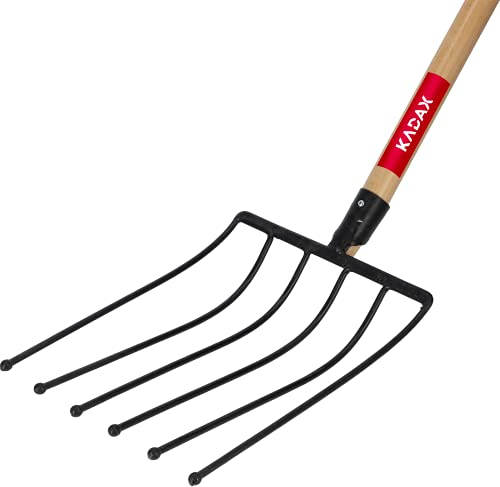 KADAX Rastrillo eficaz con mango en D, horquilla con pieza de trabajo de acero, tenedor con mango largo de madera, tenedor de patatas, rastrillo de jardín para remolacha (6 dientes, negro)