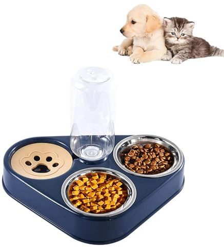 Kakbrt Ecuelle Chat,Bol de Chat en Acier Inoxydable,Bol pour Animaux de Compagnie 3-en-1 avec Stockage d'eau Automatique,Double Bol pour Chat et Chien,Amovible pour Un Nettoyage Facile (Bleu)