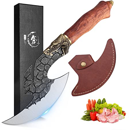 ROCOCO Viking Cleaver Knife Butcher Meat Cutting Boning Knife Hand Forged Chinese Kitchen Axe with Sheath Home Outdoor BBQ Camping Chirstmas Birthday Mother Father Gift Men