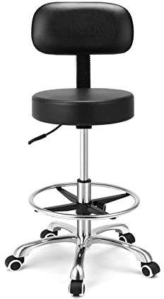 Kaleurrier Rolling Swivel Adjustable Heavy Duty Drafting Stool Chair for Salon,Medical,Office and Home uses,with Wheels and Back (Black with Footrest)