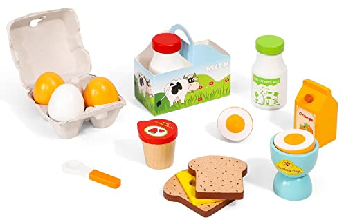 SOKA Wooden Breakfast Set 19 PCS Pretend Play Toys Toast Eggs Milk Food Playset Role Play Game Early Educational Development for Kids Children Age 3+ Girls Boys