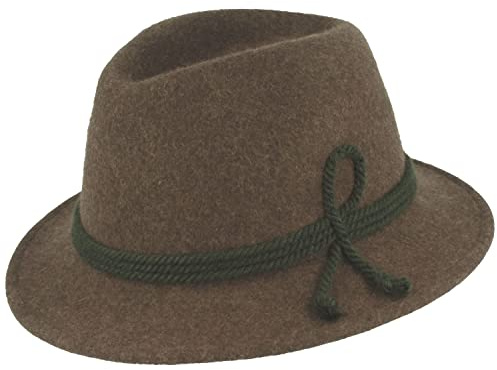 Breiter Cappello per Costume Tradizionale Bavarese Trachtenhut Cappello da Prato Alpino per Bambini 100% Lana con 3 Cordoncini di Seta per Ragazze e Ragazzi Marrone