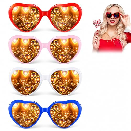 Eowppue Herz Brille Effekt 4 Stücke 3D Brille Beugungsbrille Mit Herz-Effekt Für Fasching Musikfestivals Party Bar Feuerwerk
