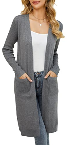Clearlove Cárdigan de punto para mujer, largo, casual, chaqueta de punto abierta, suéter de punto con bolsillos, gris oscuro, S