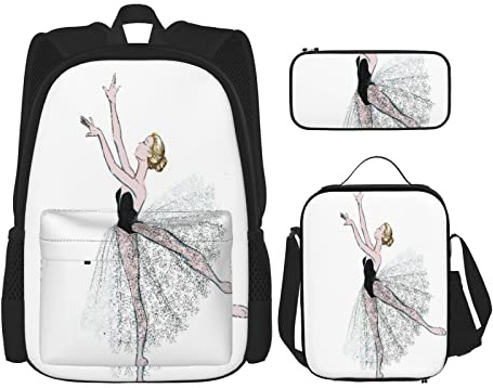 3 Piece Set Backpacks Classic Girl Young Ballerina Lacy Dress Ballet Swimsuit Actress Nouveau Artistic Design Book Bag Travel Work School Bag Pencil Case Lunch Bag Combination For Men Women Boys Girls