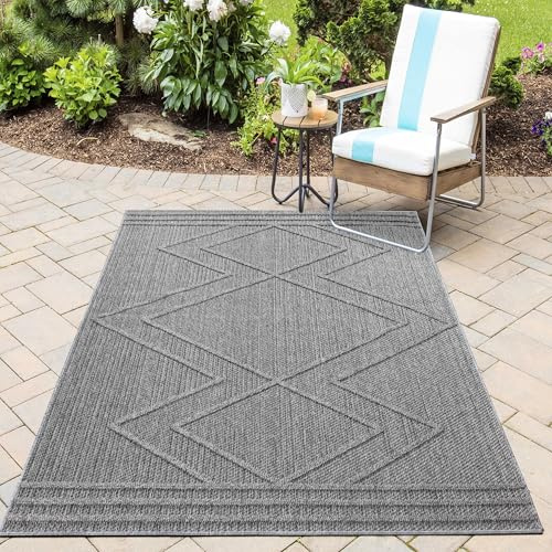 HomebyHome In& Outdoor Teppich Wetterfest, Grau 240x340 cm Teppich Küche, Waschbarer Küchenläufer Flachgewebe Sisaloptik Boho Design Camping Terasse Balkon Outdoorteppich Garten