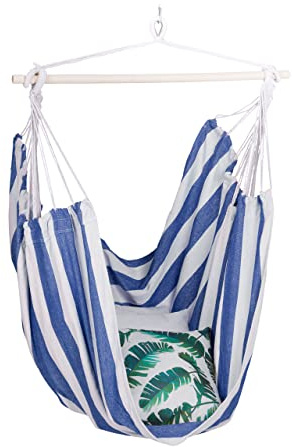 Relaxdays Silla Colgante, Algodón, Sillón Suspendido Exterior/Interior, 150 kg, Asiento Niños y Adultos, Blanco/Azul