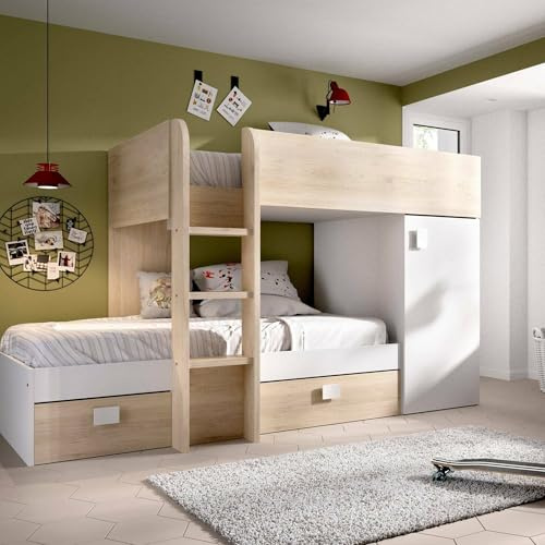 Dmora - Letto per bambini Marmolada, Cameretta completa con armadio e cassetti, Composizione letto a castello con due lettini singoli, 255x112h150 cm, Bianco e Rovere