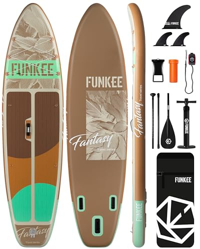 FUNKEE 11’×34×6 Extra Wide Inflatable Stand Up Paddle Board, Sup Board with Removable Fins, Backpack, Floating Paddle, Safety Leash, Floating Phone Case for Adults & Youth of All Skill Levels