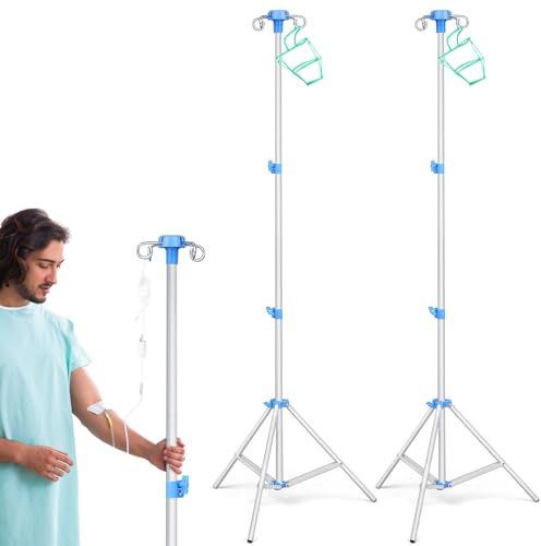 TrelaCo 2 Pack Portable IV Pole Stand, Collapsible Adjustable IV Stand with 4 Hooks & 3 Leg Tripod Base, Aluminum Alloy Drip Bag Holder, Height Adjustable 20-79 Inches for Hospital, Clinic & Home Care