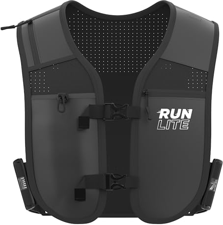 Run Lite Weste Zum Laufen mit Telefonhalterung, wasserdichte Tasche, Reflektierend, Verstellbarer Bund, Wasserflaschenhalter, 5 Taschen – Unisex (M/L – 84–112 cm)