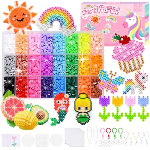 Bügelperlen Set Mädchen, 8500 Bügelperlen für Kinder, 5mm Steckperlen mit Platten, 12 Muster und Bügelpapier, Glitzer Bastelperlen Set Perlenset Geschenk für Jungen Geburtstag Weihnachten Ostern