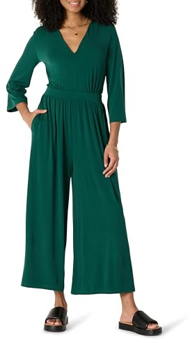 Amazon Essentials Women's Relaxed-Fit Matte Jersey V-Neck Wide-Leg Jumpsuit, Dark Green, X-Large