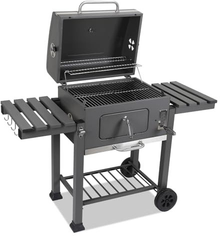 Jaxguom Barbacoa de carbón vegetal BBQ XXL Smoker con tapa, bandeja de carbón regulable en altura, carro para ahumar, horno para ahumar, mango de acero inoxidable, termómetro, orificios de ventilación