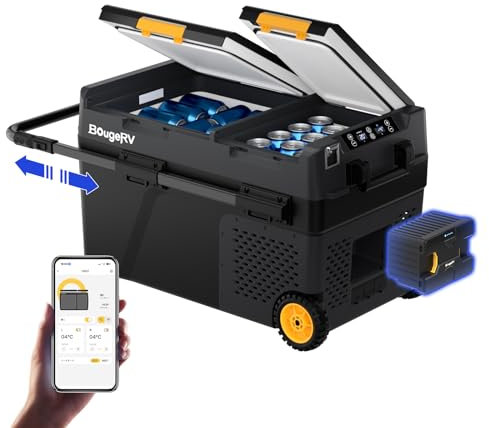 BougeRV CRD2 40L Kompressor Kühlbox mit Akku 173Wh, Akku Kühlbox Dual zone Doppeltür (Verbesserter Alu-Griff) Camping Kühlschrank Auto Elektrisch 12V 24V 230V mit Rollen APP Steuerung, bis -20℃