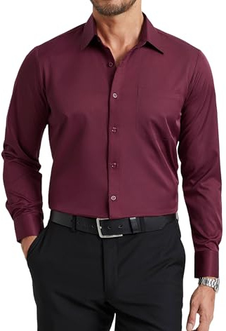 Enlision Camicia Uomo Bordeaux Maniche Lunghe No Stiro Elasticizzata Antipiega Taglio Regolare con Bottoni e Tasca Business Cerimonia Formale L