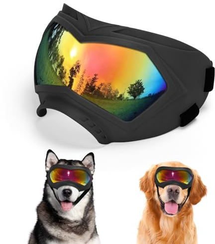 Dog Goggles, UV Protection, Windproof, Dustproof, Anti-Fog Dog Sunglasses for Large & Medium Dogs, Lightweight TPE Frame with Adjustable Strap, Stylish Outdoor Protection (Black Frame Color Lens)