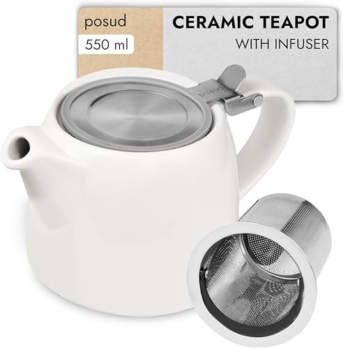 posud Teapot with Infuser – Ceramic Teapot with Strainer for 2 Cups – 550ml Small Tea Pot Infuser for Loose Tea – Stump Tea Pot with Filter for Two (White)