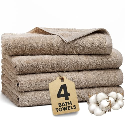 Novo Home Bath Towels Set of 4 – 550 GSM 100% Cotton Beige Extra Large Towels for Bathroom, Spa Use (70x140 cm) – Super Soft and Quick Dry Large Bath Sheets for Adults