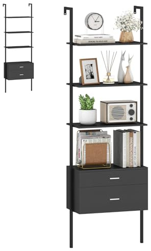 HOMASIS Scaffale a Scala con 4 Ripiani e 2 Cassetti, Libreria da Parete con Dispositivo Anti-Ribaltamento, Scaffale Aperto per Soggiorno, 60 x 30 x 184 cm (Nero)