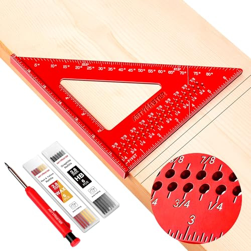 7 inch Carpenter Square, 1/16 Precision Hole Scribing Square Tools, 0-90° Aluminum Alloy Rafter Square, Woodworking Square & Carpenter Pencils 12 Refills AM13E