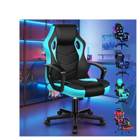 ELFORDSON Gaming Chair, Video Game Chairs, Ergonomic Computer Desk Office Chairs Racing Style, Adjustable Height & Tilt, 360° Swivel, Breathable Mesh & PU Leather, Home Office Esports, Cyan