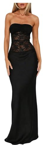 GORGLITTER Women's Lace Backless Patchwork Maxi Dress Elegant Classy Strapless Festival Y2K Sexy Gothic Tube Top Dress Black Medium