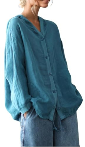 Uwdiohq Pulls À Capuche en Coton Et Lin pour Femme Couleur Unie, Boutonné, Manches Longues, Léger, Ample, avec Poche (Blue, M) Cardigan Fermeture Gilet Cache Coeur Chaud Doux Long Grande Taille