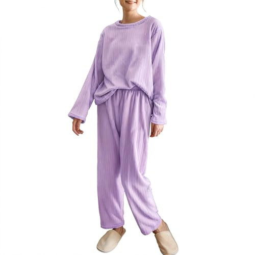 Hveuluop Gieen Conjunto de Pijama de Mujer de Canalé – Camiseta de Manga Larga con Cuello Redondo y Pantalón de Felpa Coral, Corte Cómodo, en Terciopelo Coral, Talla Única.