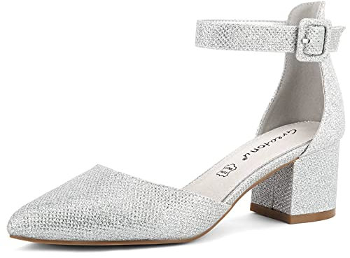 Greatonu Women Office Work Party Bridal Closed Pointed Toe Mid Block Heels Ankle Strap Buckle Silver Glitter Mary Jane Court Shoes Size 4 UK