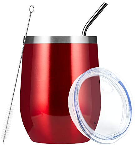 MEWAY Vaso de vino sin tallo de 12 onzas con tapa, aislado de doble pared de acero inoxidable al vacío con popote, para mujeres menores de 10 dólares (borgoña, 1)