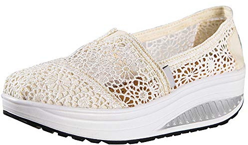 Donna Uncinetto Pizzo Scivolare su Tacco a Zeppa Sneakers Comodi Casuale Scarpetta Ginnica(Beige,38 EU)