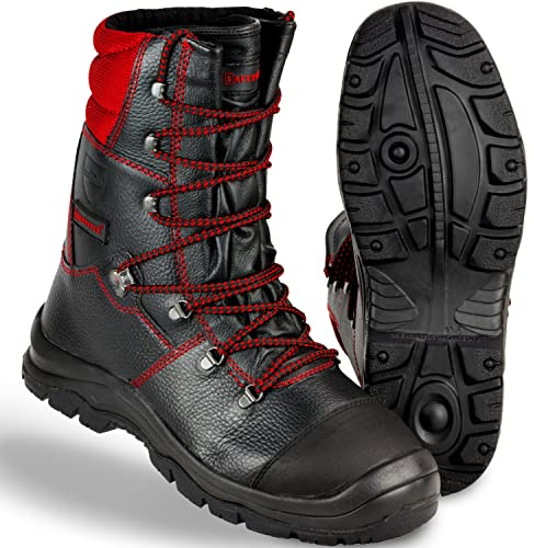 Safetytex Forst-Schnürstiefel - Forststiefel Sägeschutzklasse 1 - Kettensägen Schnittschutzstiefel - Waldarbeiterstiefel Schwarz/Rot - Leder Forst Schnürstiefel - Größe 39