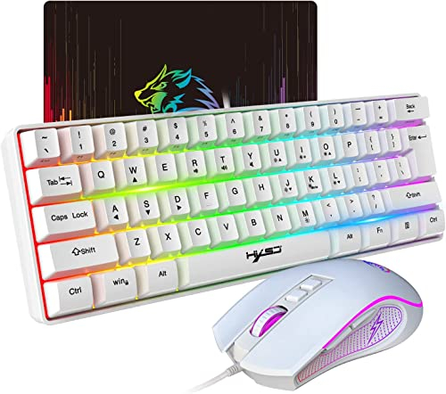 HXSJ V700 Gaming Keyboard and Mouse Combos,60% Ultra Compact Wired Keyboard,61 Keys TKL Layout,RGB Backlit,Gaming Optical Sensor Mouse with 7 Buttons,7 Color LED light,Up to 3600DPI,for PC,Mac-White