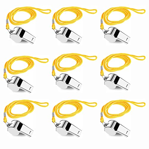Generic R8WC Edelstahl, 9 Stück Pfeifen Whistle mit Lanyard, Metall Sportpfeife, Premium Trillerpfeife, Geeignet für Schulsport, Fußball, Badminton, Basketball, Rettungsschwimmerschutz